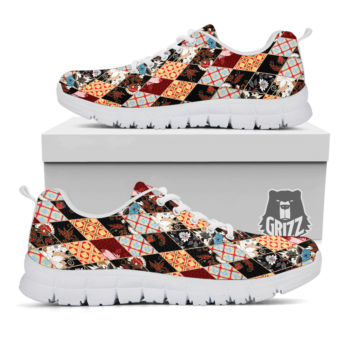 Abstract Patchwork Floral Print Pattern White Sneaker-grizzshop