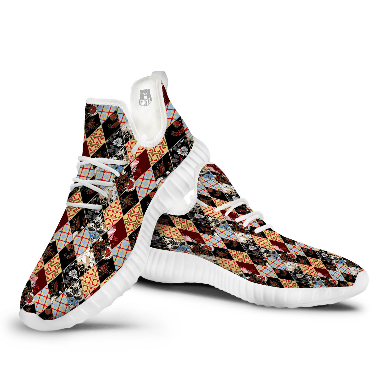 Abstract Patchwork Floral Print Pattern White Walking Shoes-grizzshop