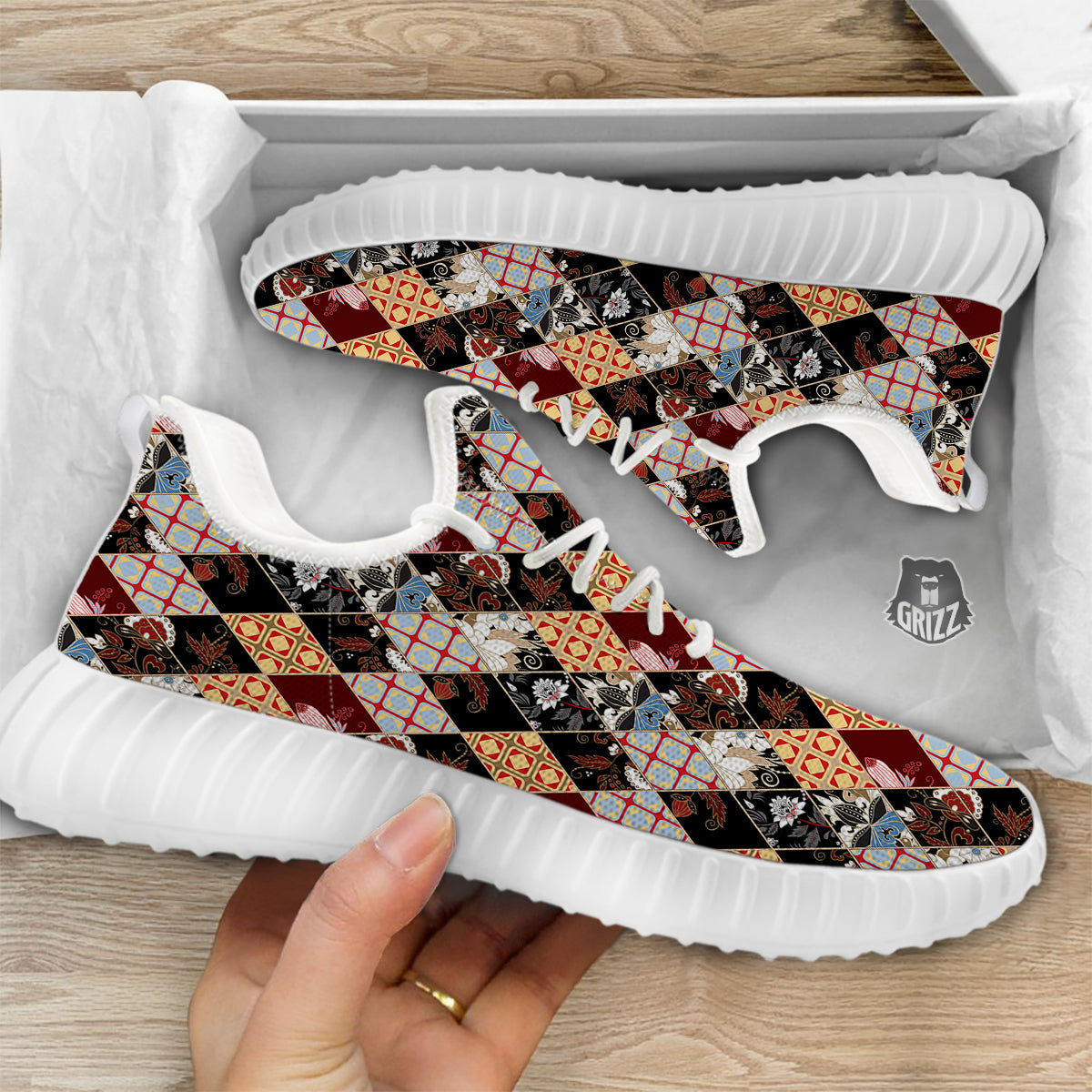 Abstract Patchwork Floral Print Pattern White Walking Shoes-grizzshop