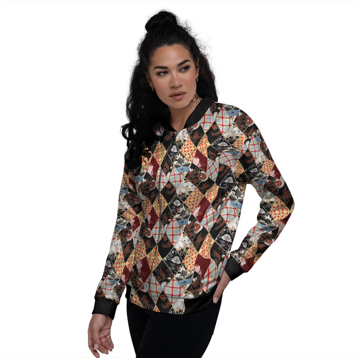 Abstract Patchwork Floral Print Pattern Women's Bomber Jacket-grizzshop