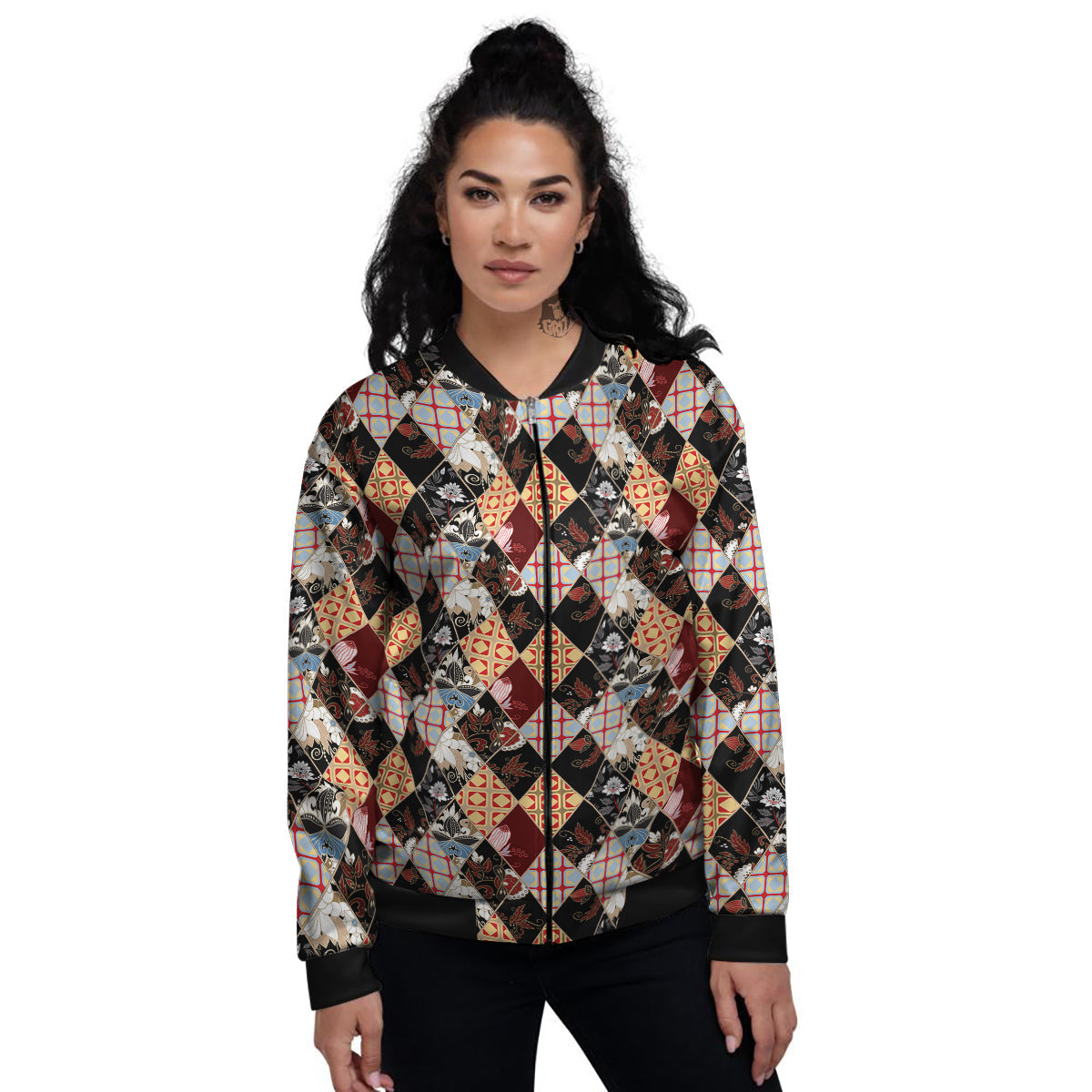 Abstract Patchwork Floral Print Pattern Women's Bomber Jacket-grizzshop