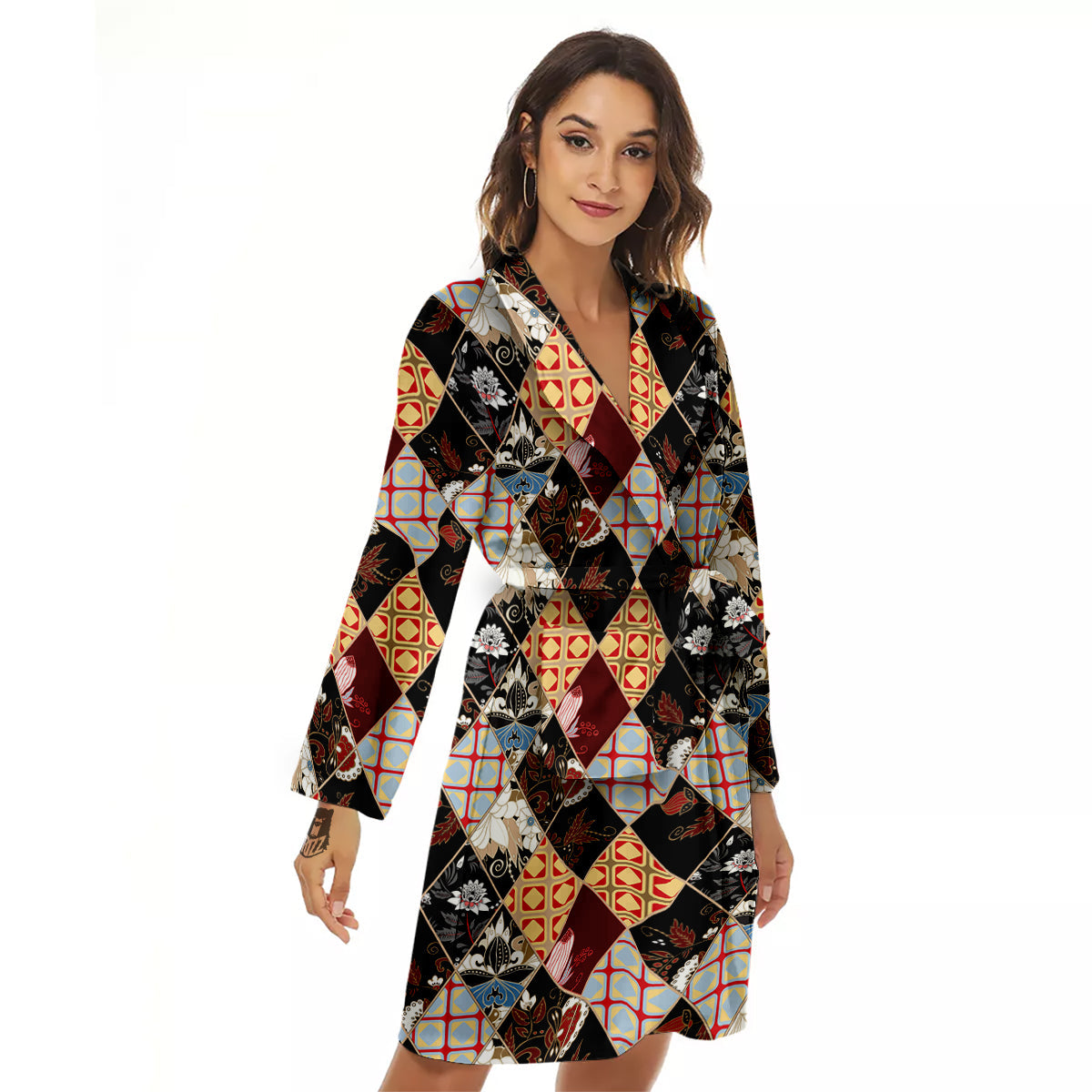 Abstract Patchwork Floral Print Pattern Women's Robe-grizzshop