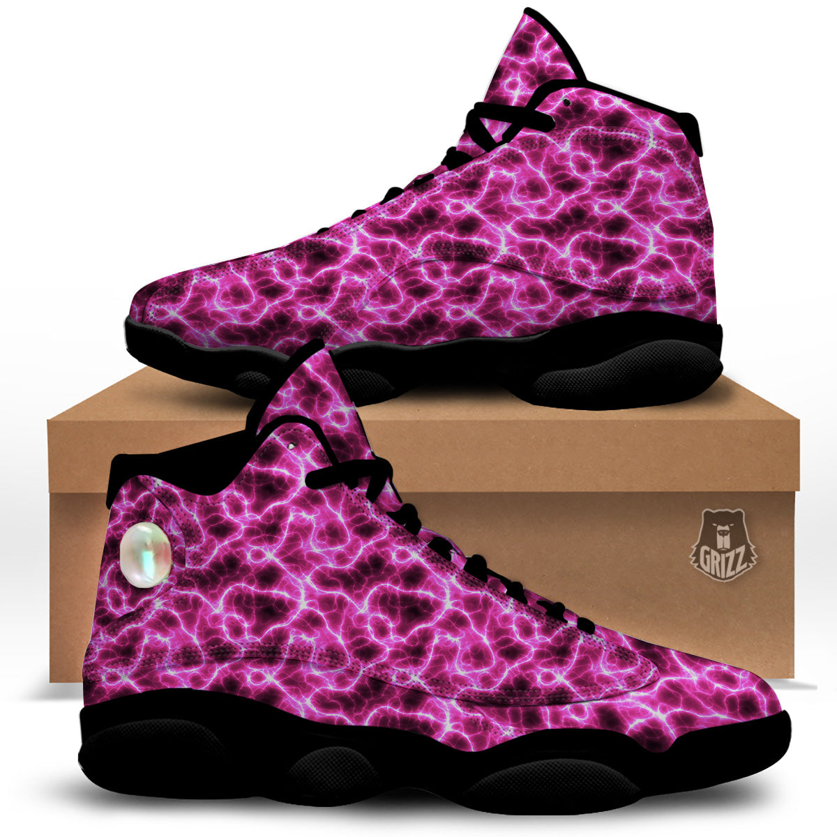 Abstract Pink Electrical Sparks Print Pattern Black Basketball Shoes-grizzshop