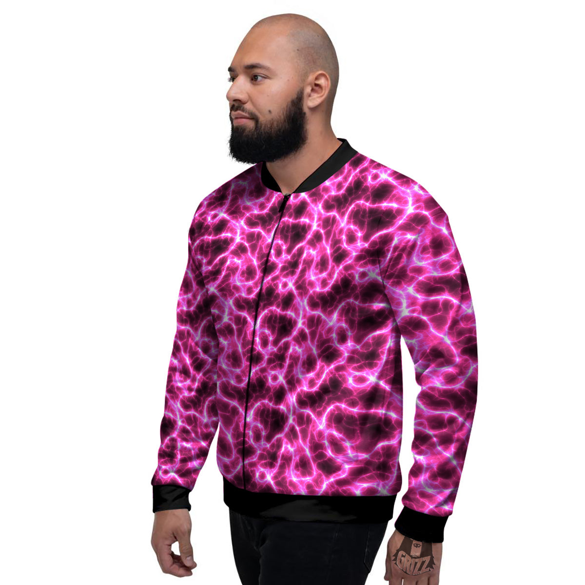 Abstract Pink Electrical Sparks Print Pattern Men's Bomber Jacket-grizzshop