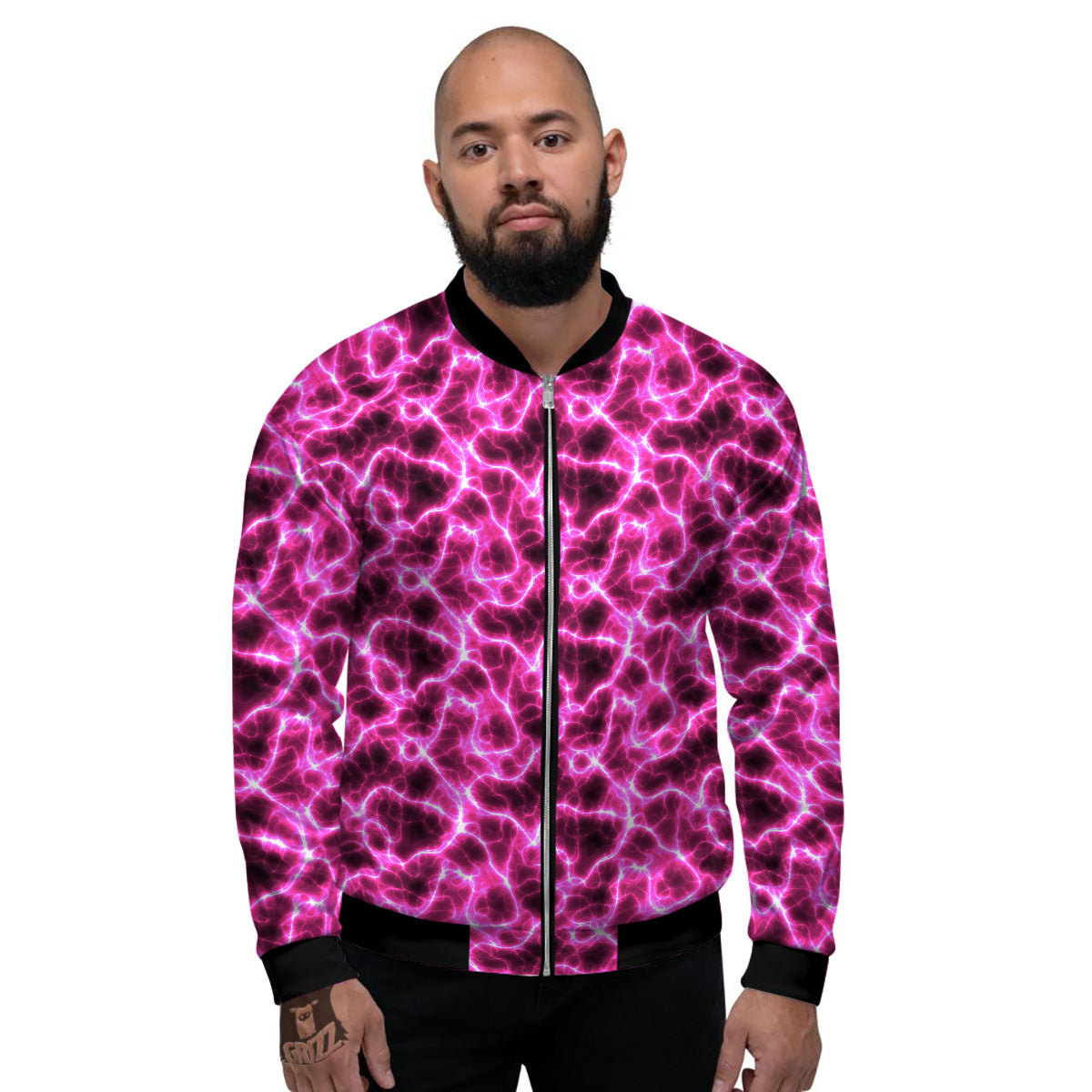 Abstract Pink Electrical Sparks Print Pattern Men's Bomber Jacket-grizzshop