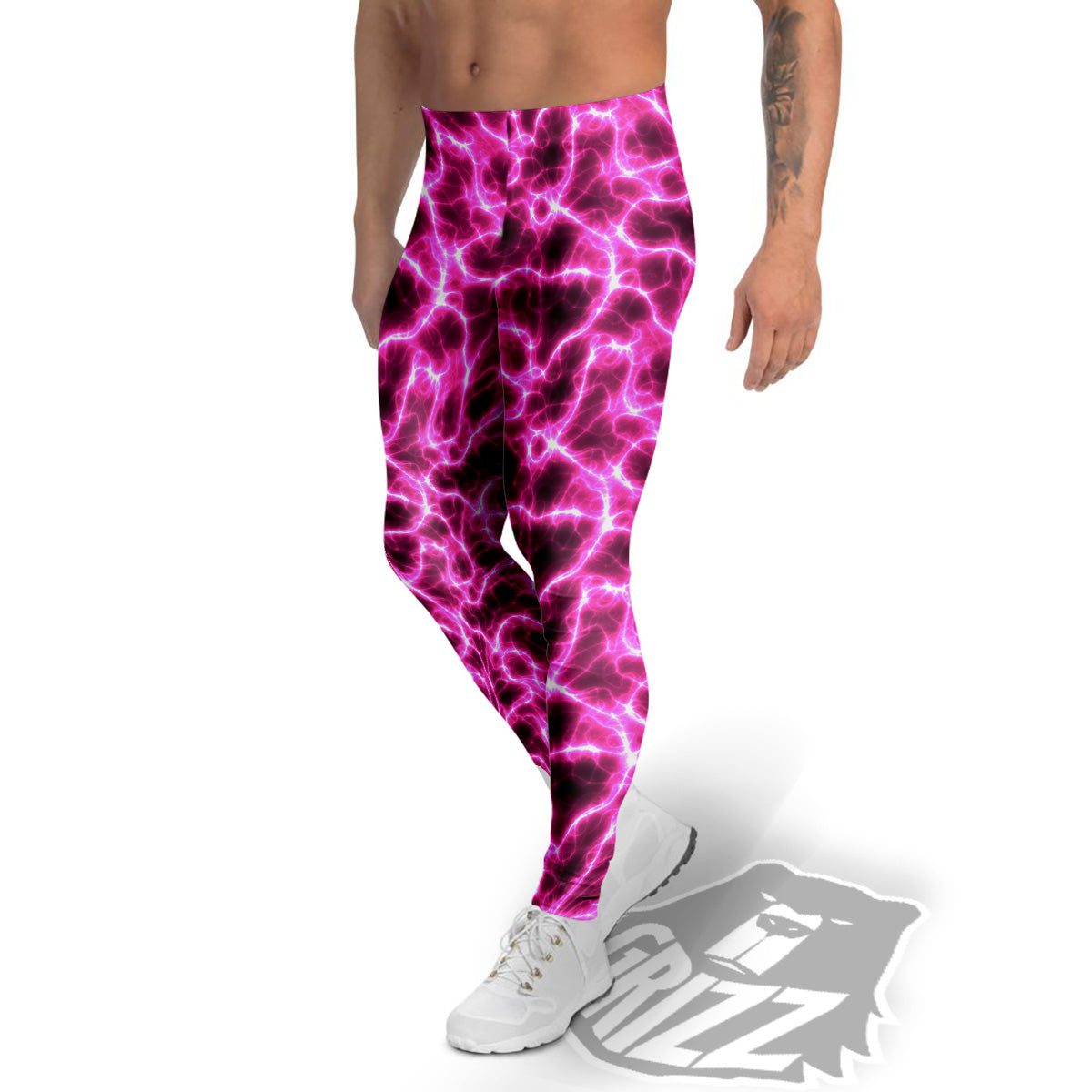 Abstract Pink Electrical Sparks Print Pattern Men's Leggings-grizzshop