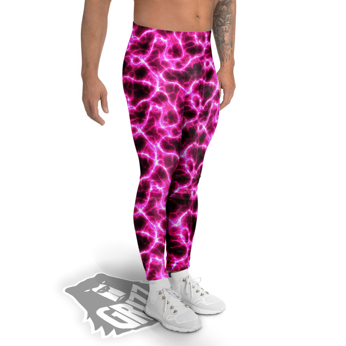 Abstract Pink Electrical Sparks Print Pattern Men's Leggings-grizzshop