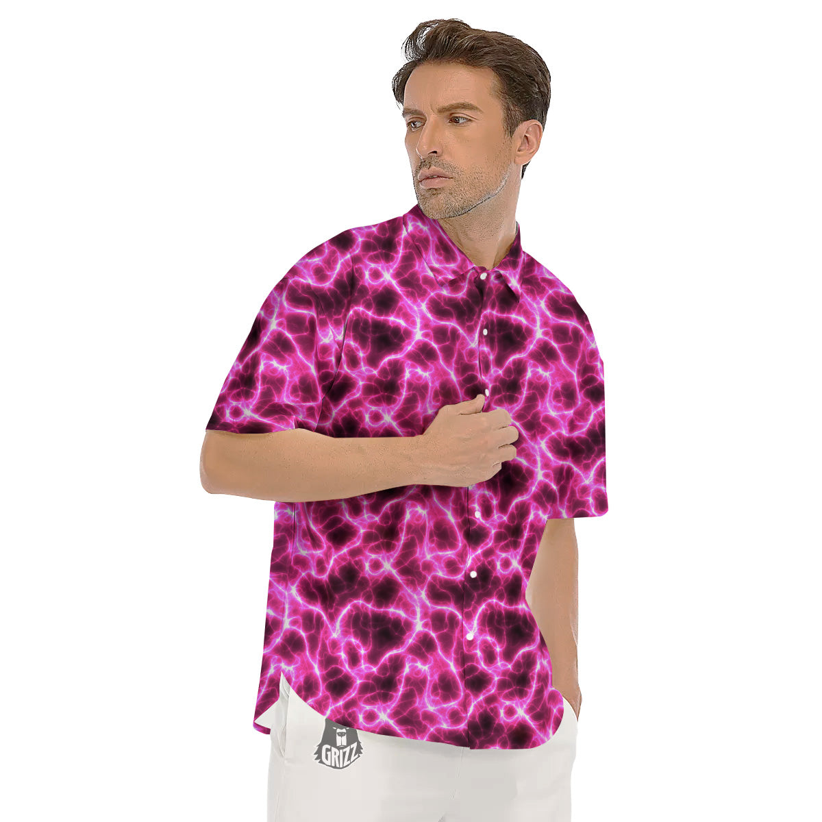 Abstract Pink Electrical Sparks Print Pattern Men's Short Sleeve Shirts-grizzshop