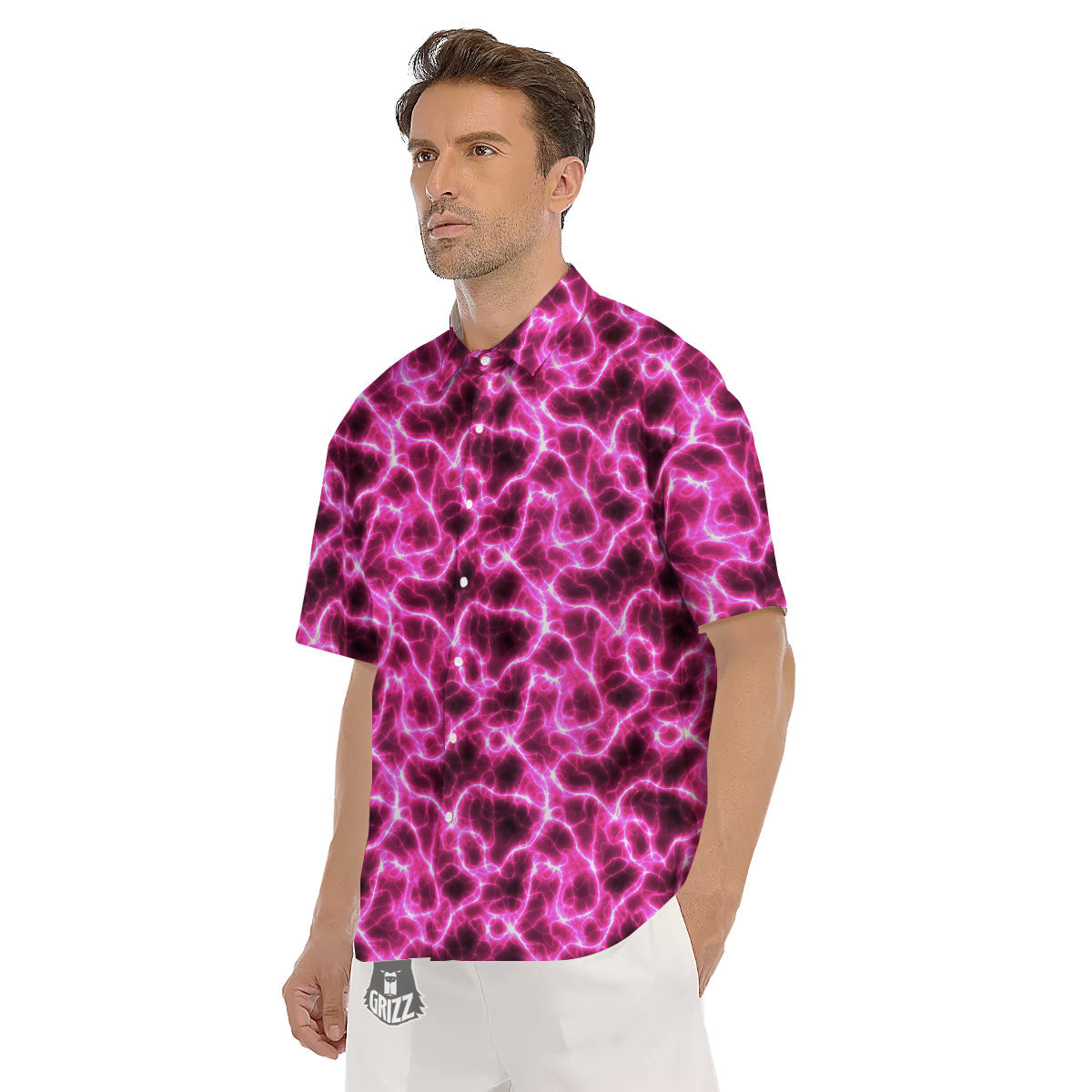 Abstract Pink Electrical Sparks Print Pattern Men's Short Sleeve Shirts-grizzshop