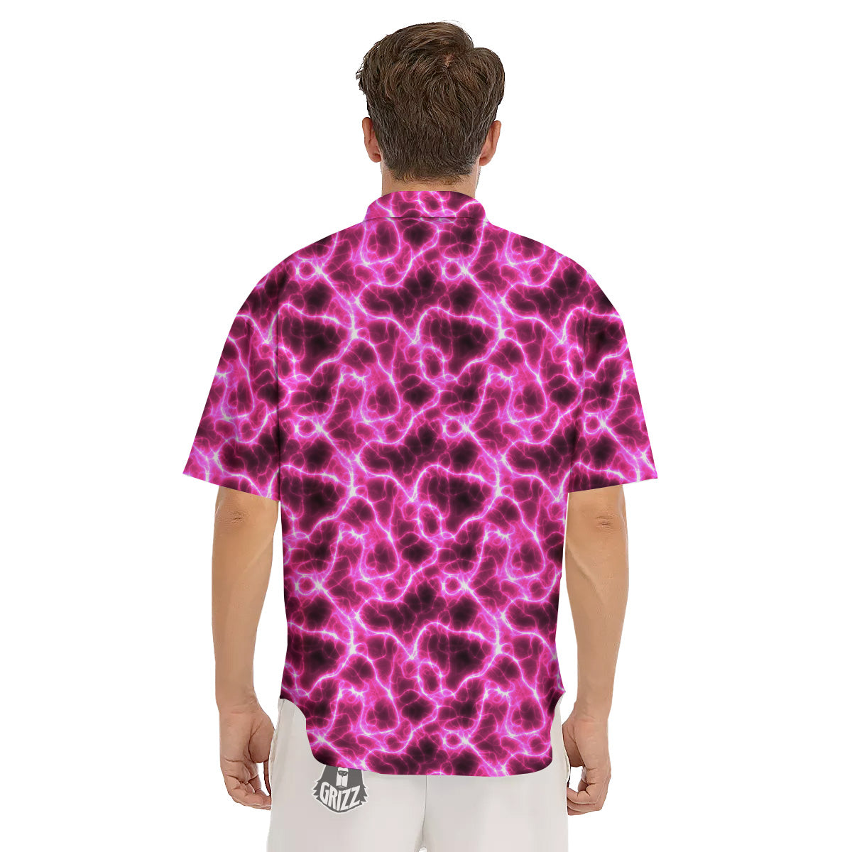 Abstract Pink Electrical Sparks Print Pattern Men's Short Sleeve Shirts-grizzshop