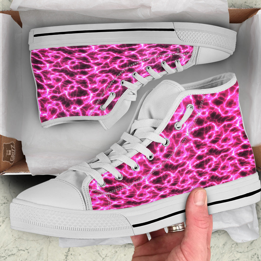 Abstract Pink Electrical Sparks Print Pattern White High Top Shoes-grizzshop