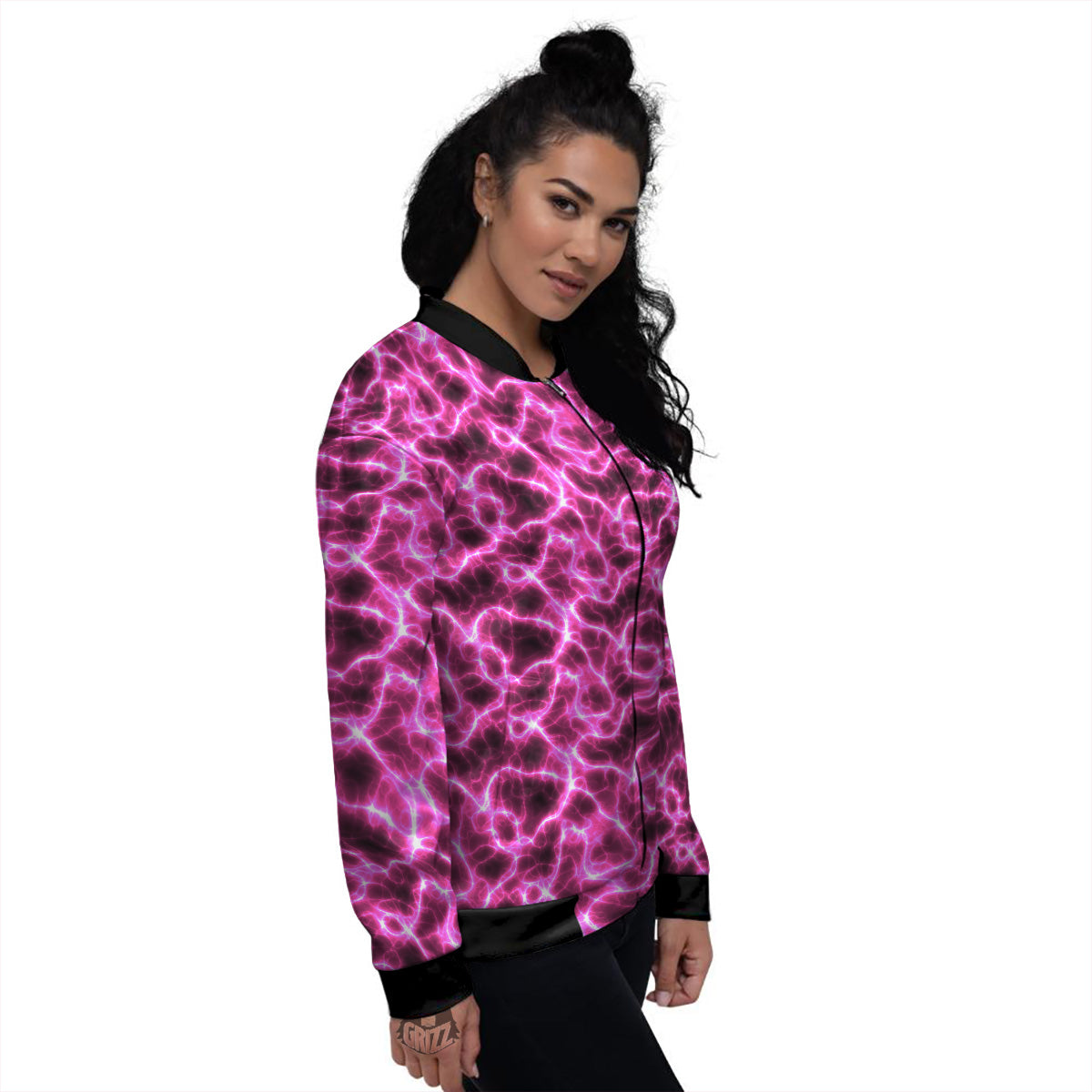 Abstract Pink Electrical Sparks Print Pattern Women's Bomber Jacket-grizzshop