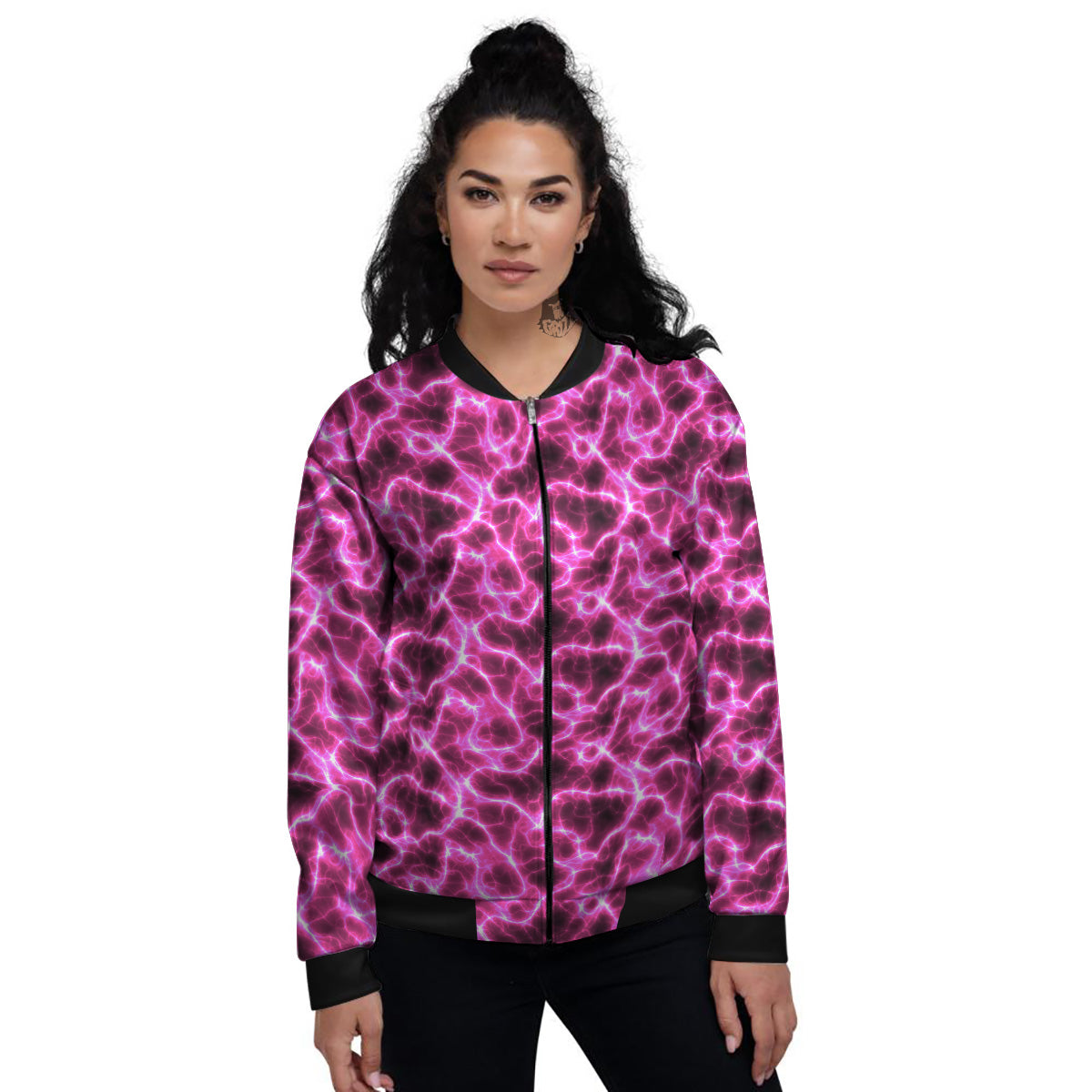 Abstract Pink Electrical Sparks Print Pattern Women's Bomber Jacket-grizzshop