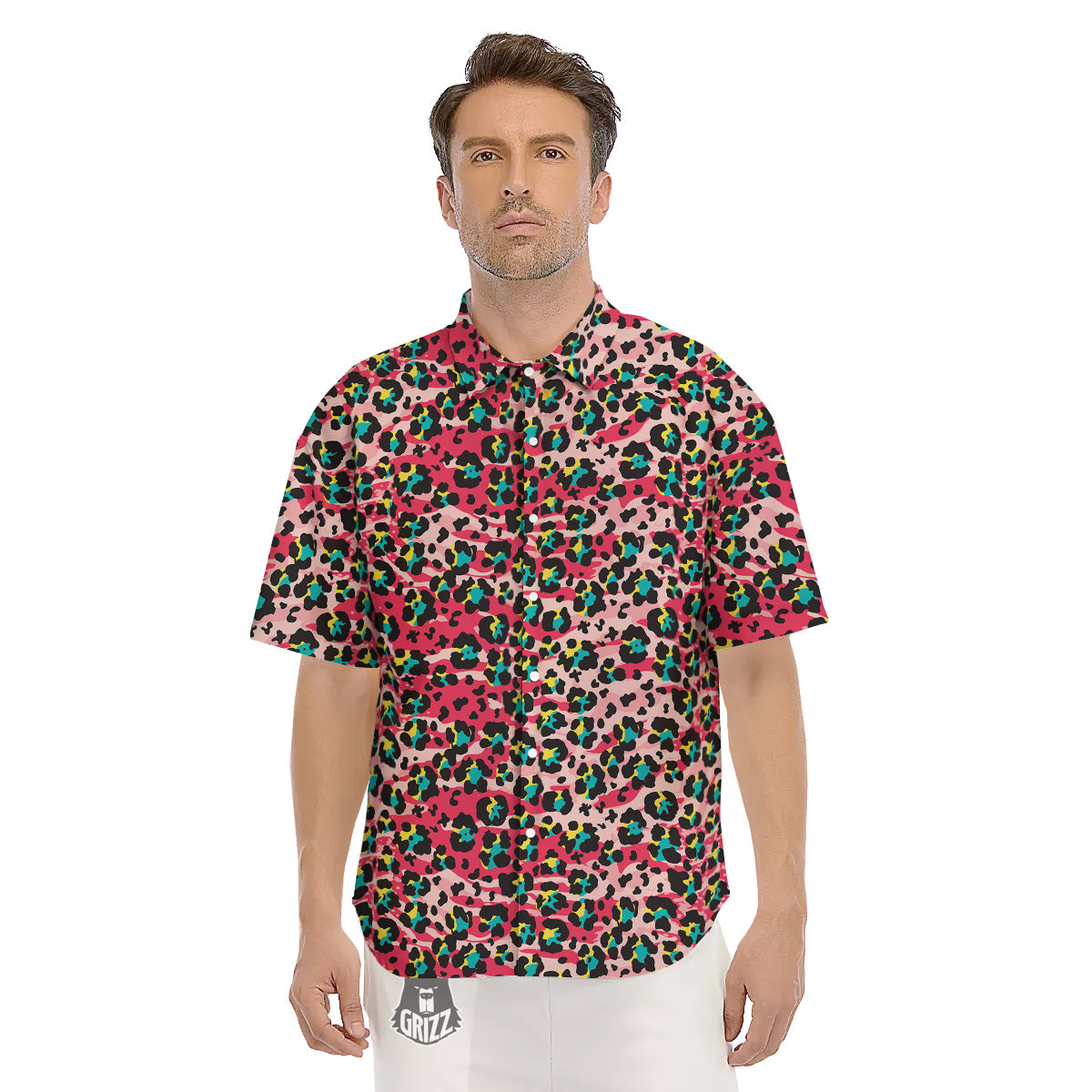 Abstract Pink Leopard Skin Print Pattern Men's Short Sleeve Shirts-grizzshop