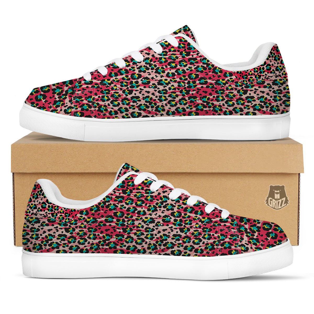 Abstract Pink Leopard Skin Print Pattern White Low Top Sneakers-grizzshop