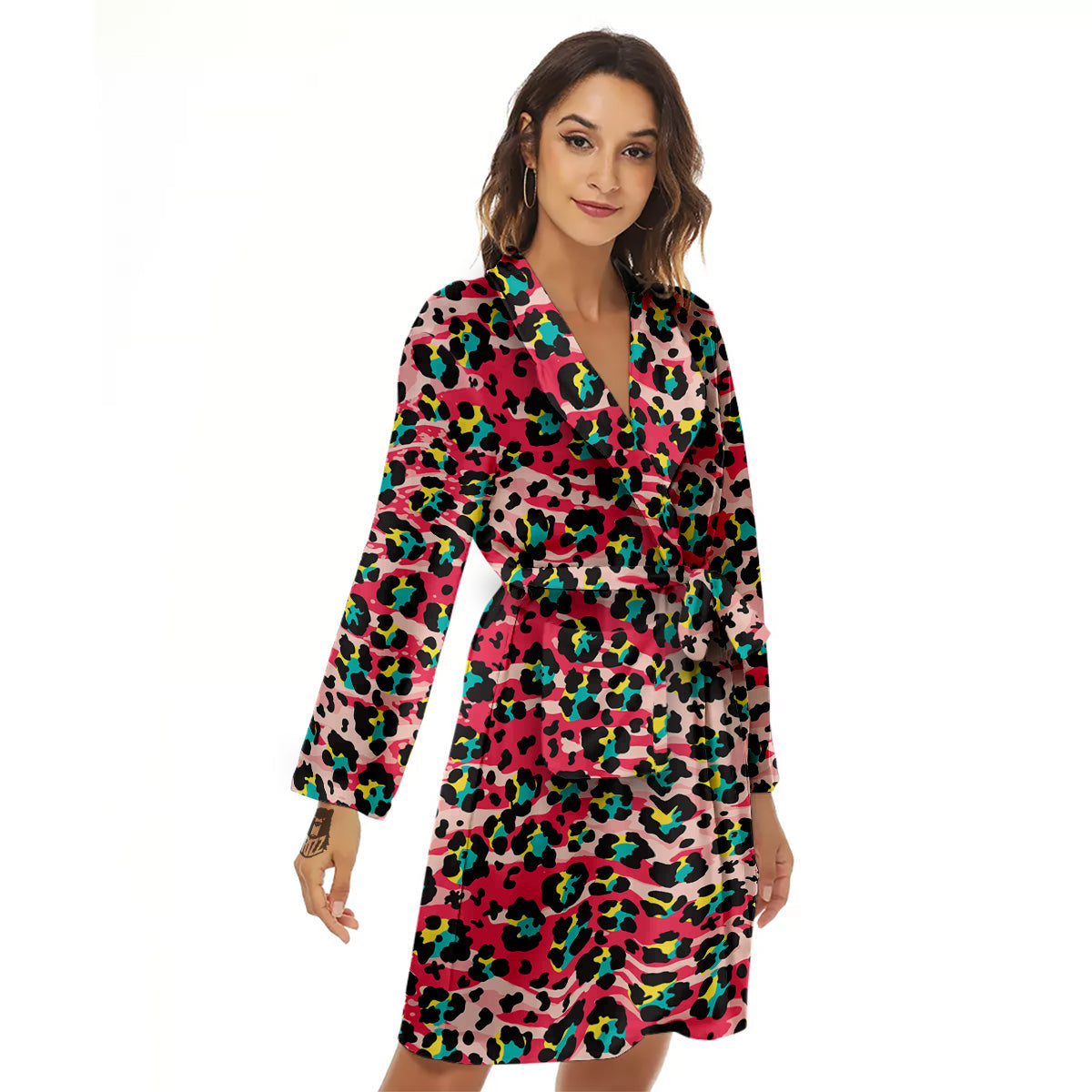 Abstract Pink Leopard Skin Print Pattern Women's Robe-grizzshop