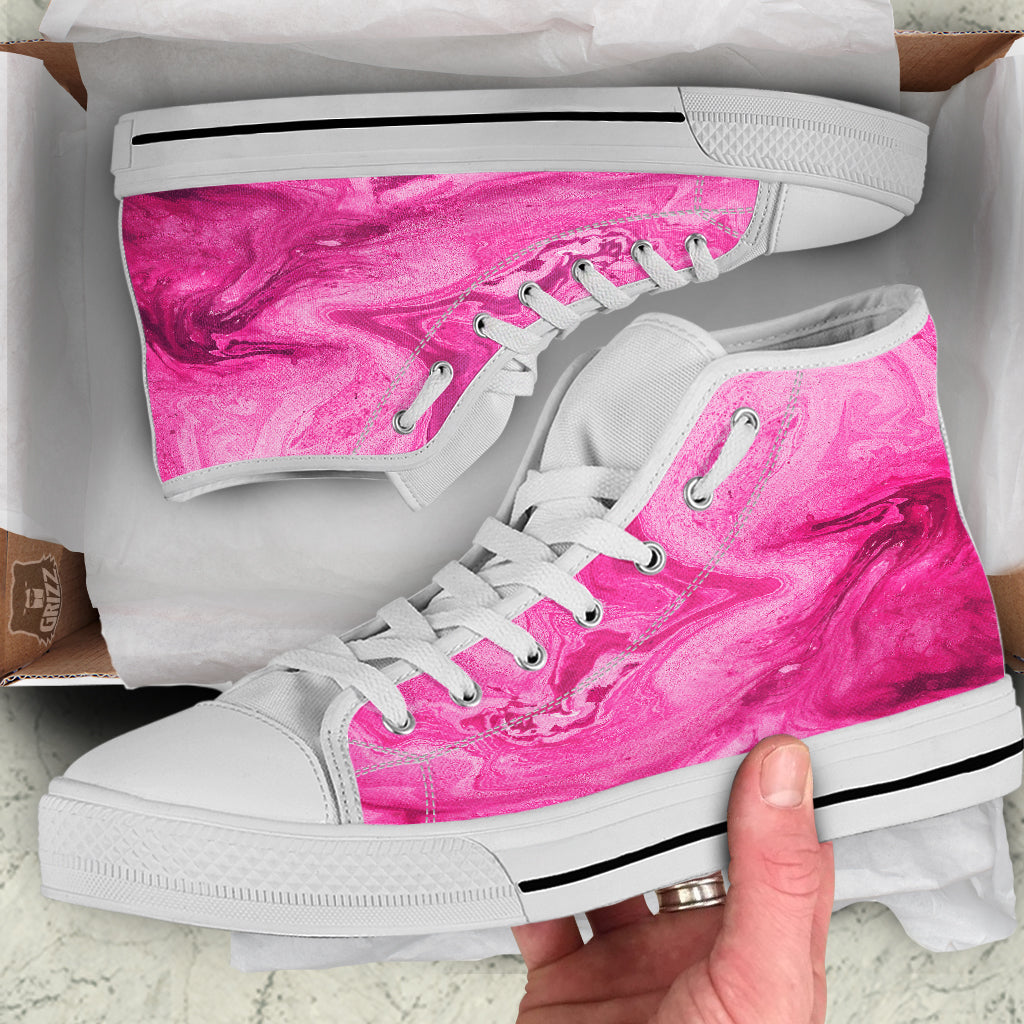 Abstract Pink Marble Print White High Top Shoes-grizzshop