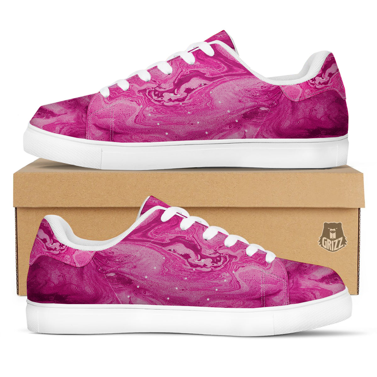 Abstract Pink Marble Print White Low Top Sneakers-grizzshop