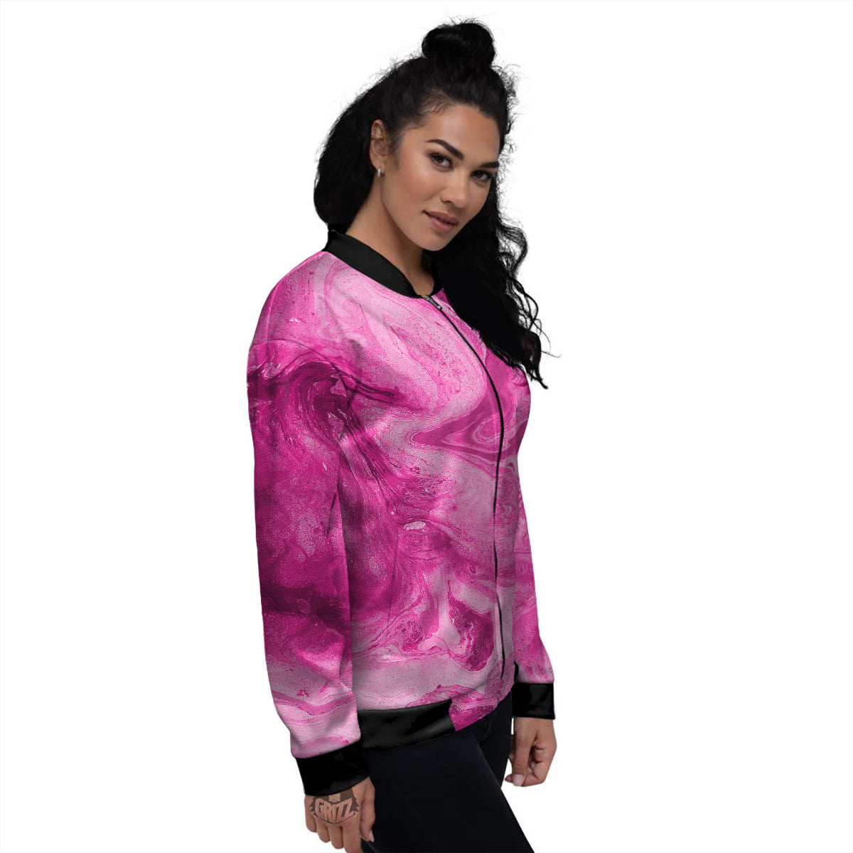 Abstract Pink Marble Print Women's Bomber Jacket-grizzshop