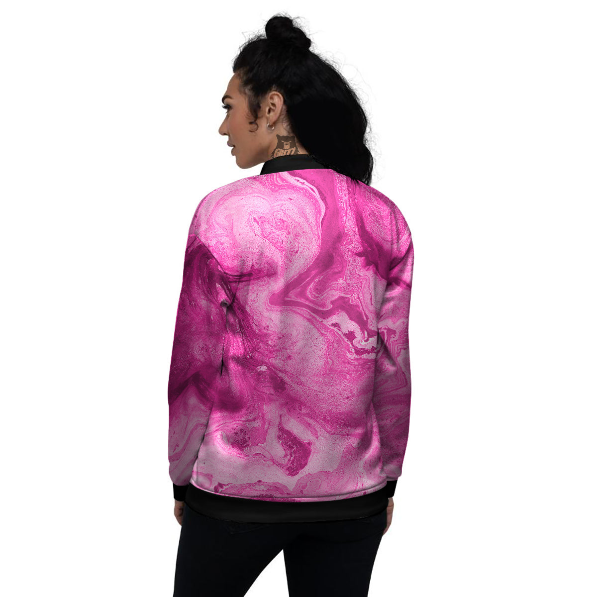 Abstract Pink Marble Print Women's Bomber Jacket-grizzshop