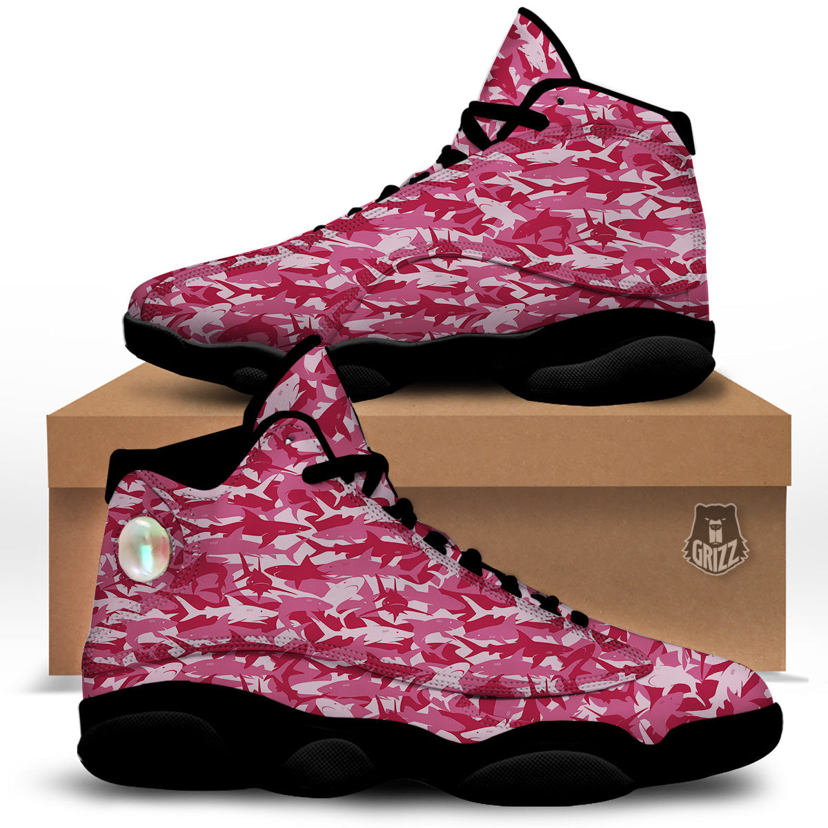 Abstract Pink Shark Camo Print Pattern Black Basketball Shoes-grizzshop
