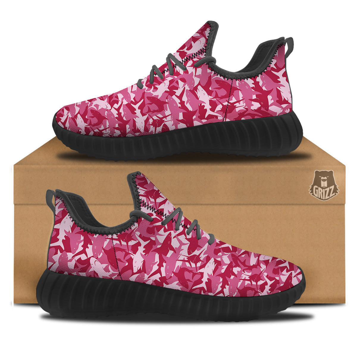 Abstract Pink Shark Camo Print Pattern Black Walking Shoes-grizzshop
