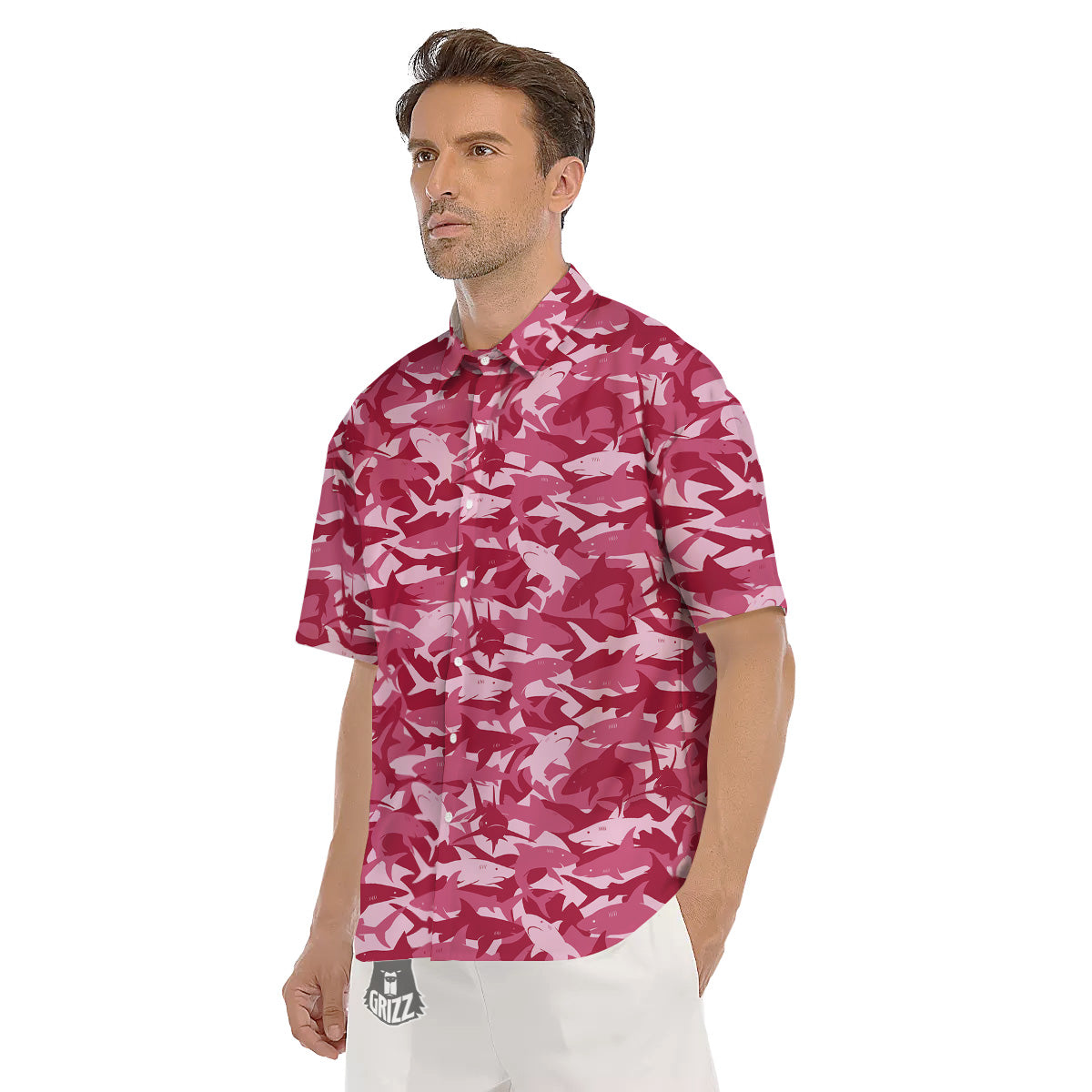 Abstract Pink Shark Camo Print Pattern Men's Short Sleeve Shirts-grizzshop