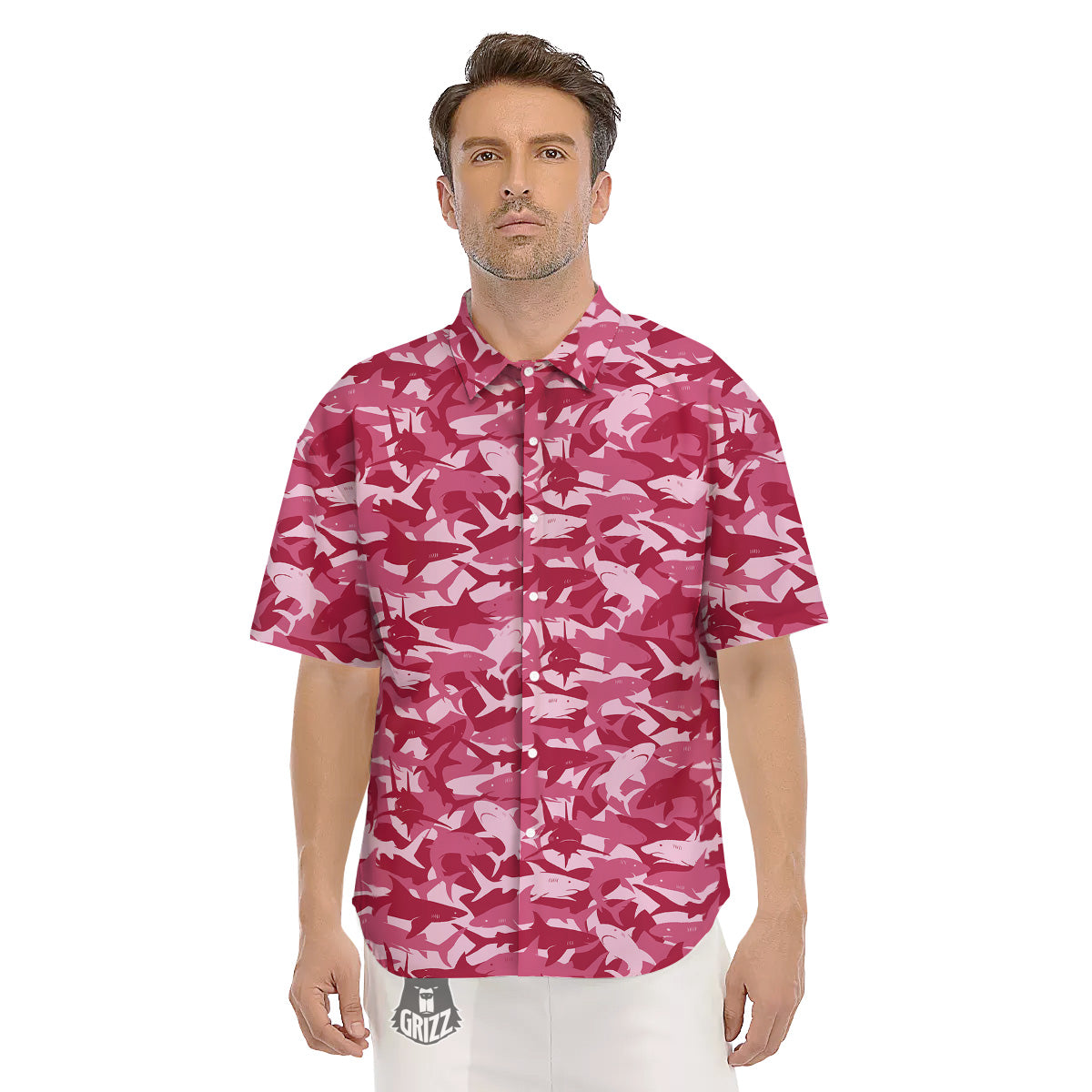 Abstract Pink Shark Camo Print Pattern Men's Short Sleeve Shirts-grizzshop