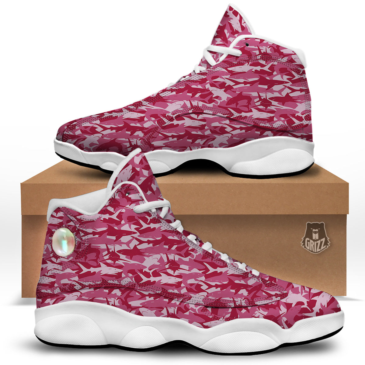 Abstract Pink Shark Camo Print Pattern White Basketball Shoes-grizzshop