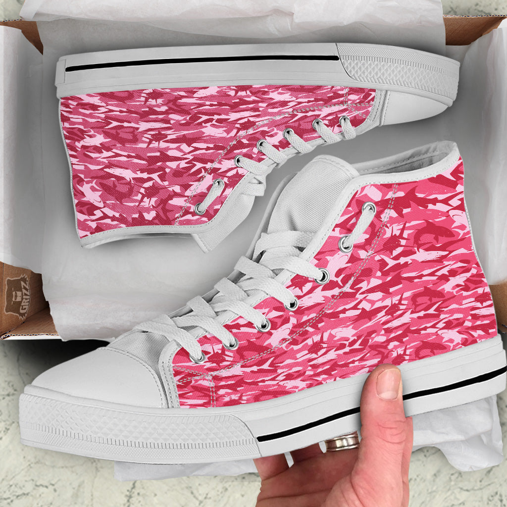 Abstract Pink Shark Camo Print Pattern White High Top Shoes-grizzshop