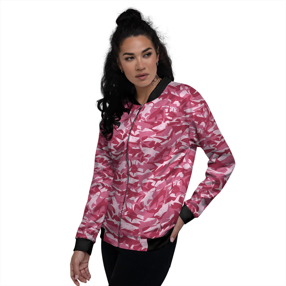 Abstract Pink Shark Camo Print Pattern Women's Bomber Jacket-grizzshop