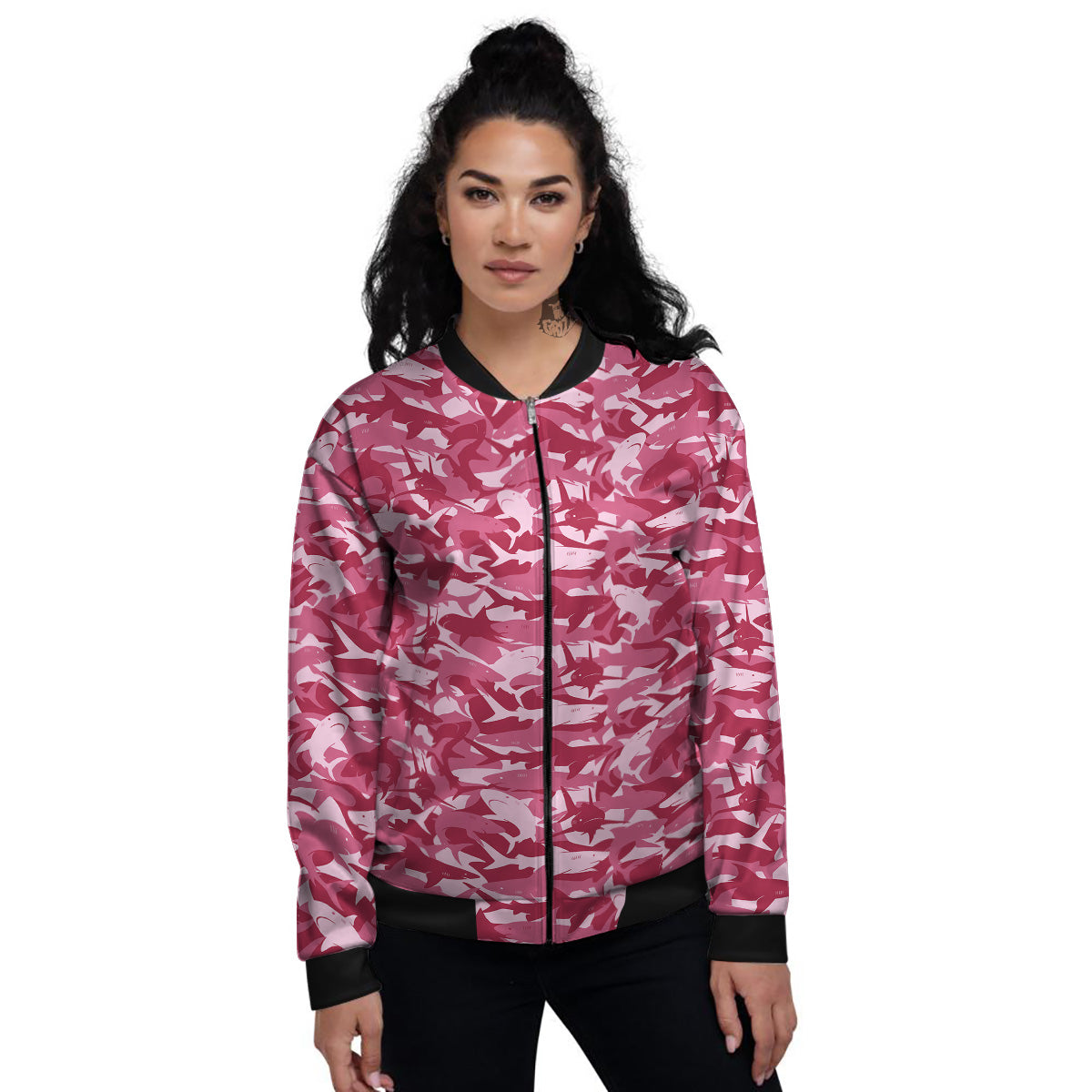 Abstract Pink Shark Camo Print Pattern Women's Bomber Jacket-grizzshop