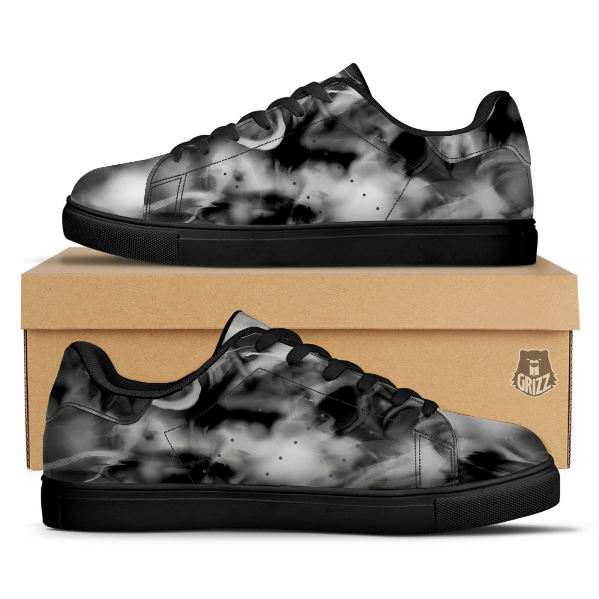 Abstract Psychedelic Liquid Smoke Print Black Low Top Sneakers-grizzshop