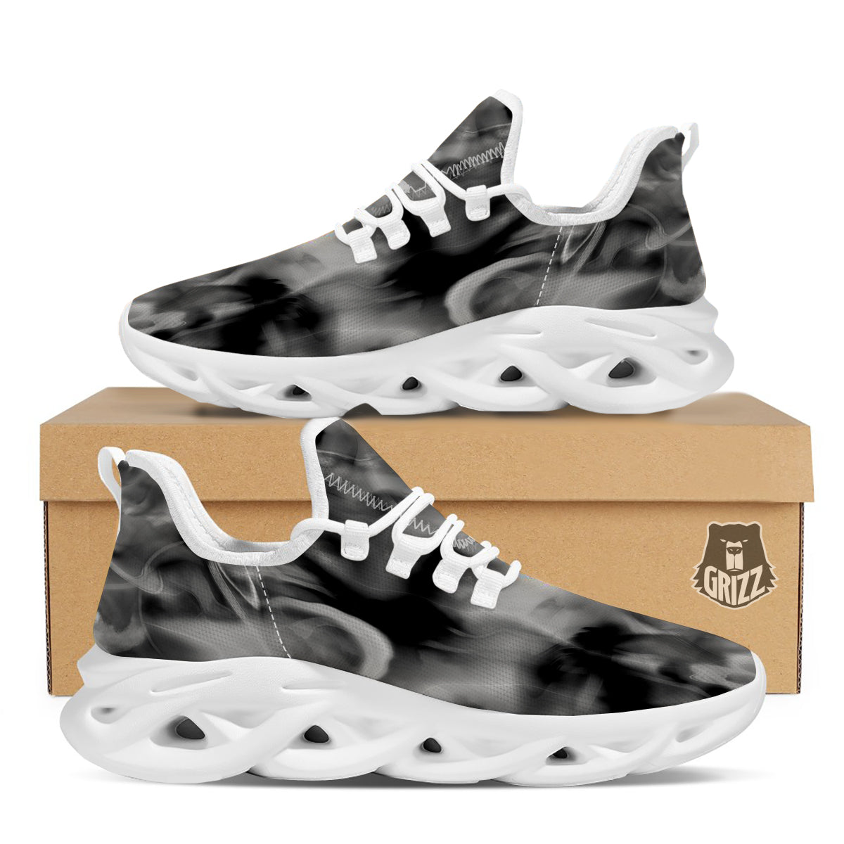 Abstract Psychedelic Liquid Smoke Print White Running Shoes-grizzshop