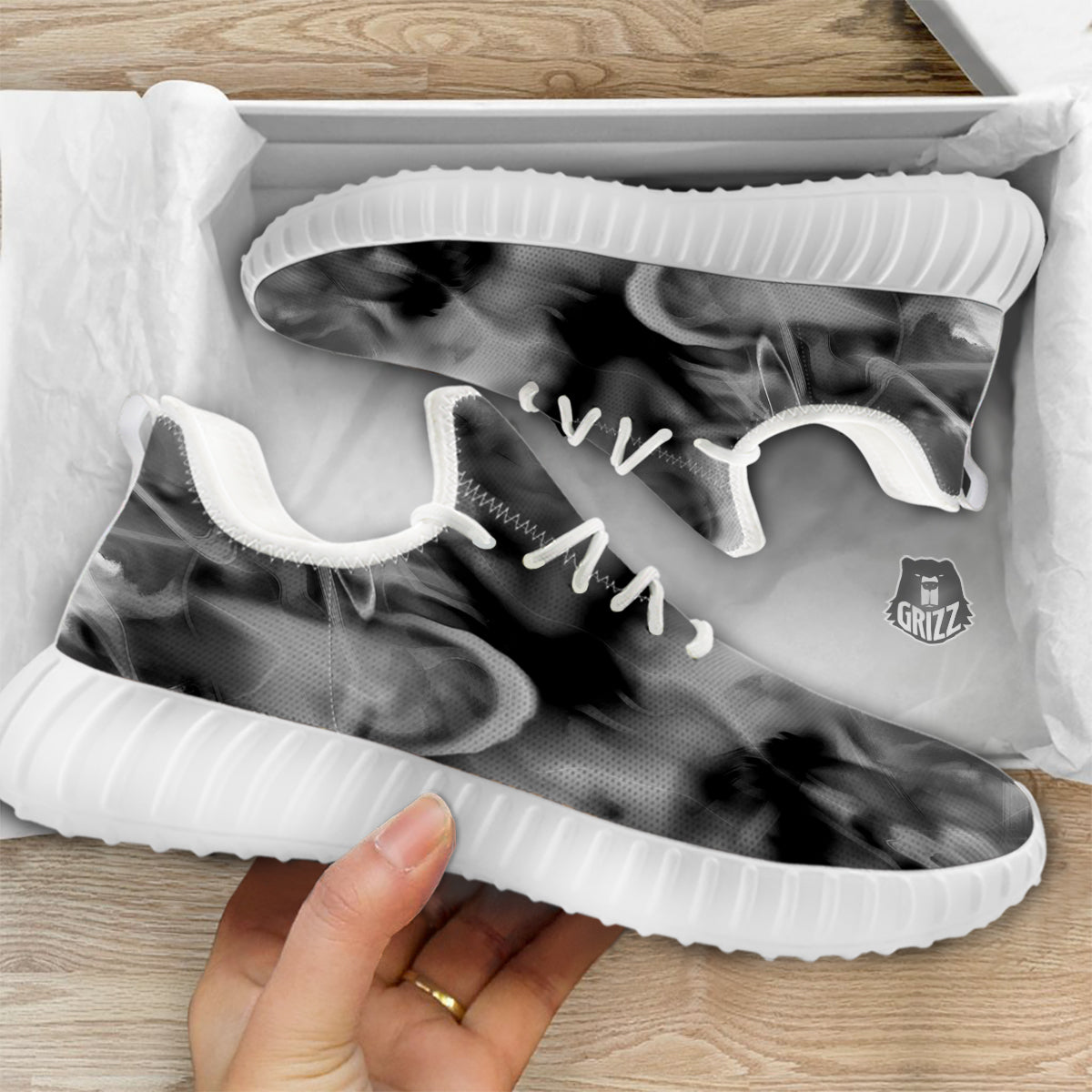 Abstract Psychedelic Liquid Smoke Print White Walking Shoes-grizzshop