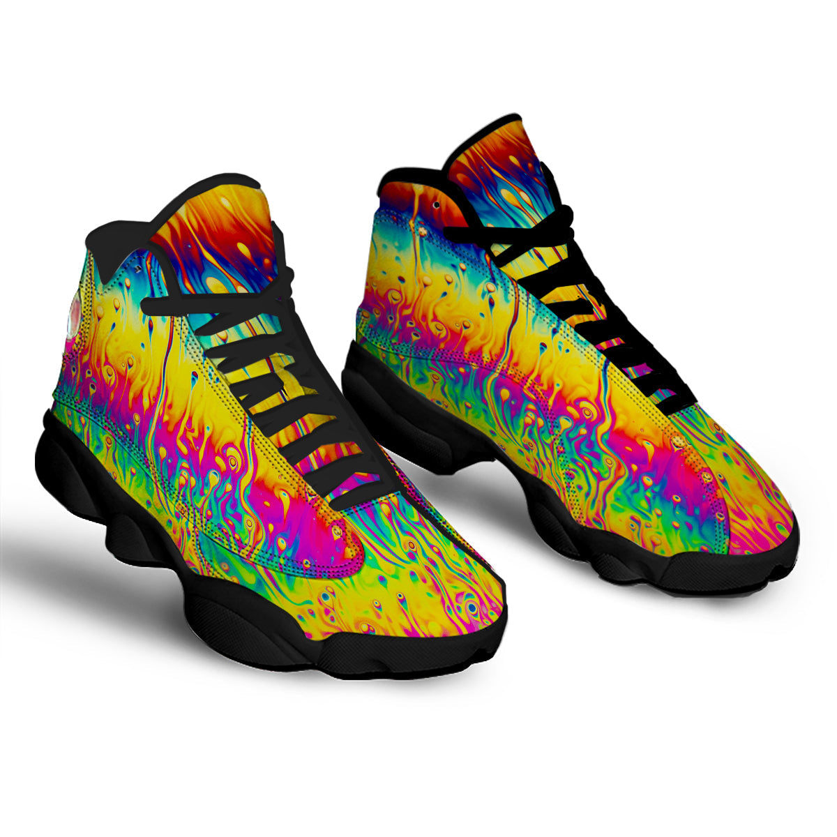 Abstract Psychedelic Rainbow Acid Print Black Basketball Shoes-grizzshop