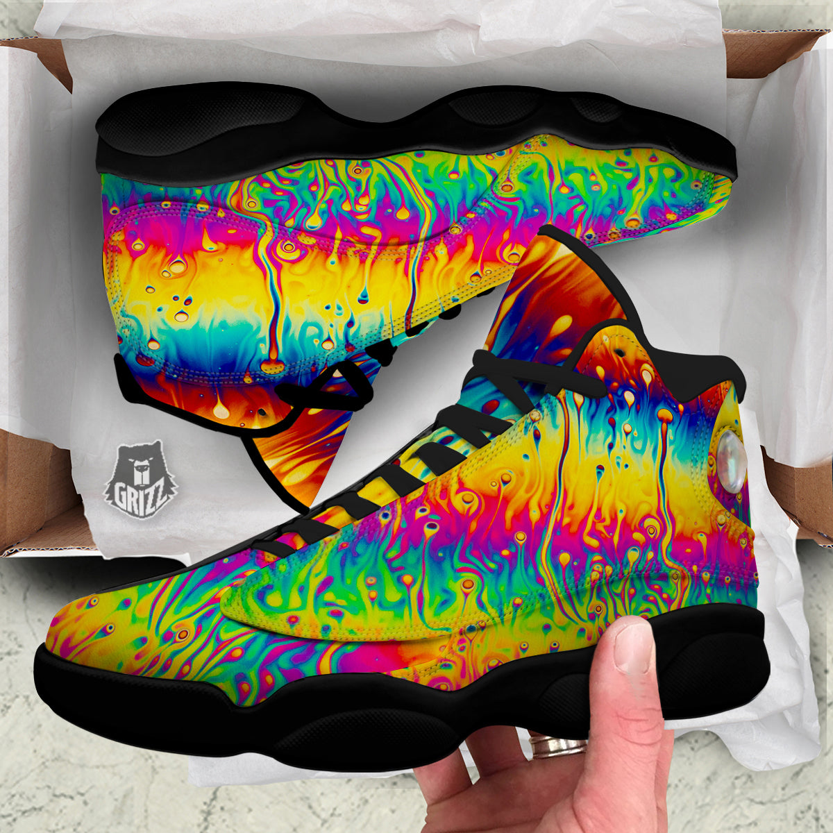 Abstract Psychedelic Rainbow Acid Print Black Basketball Shoes-grizzshop