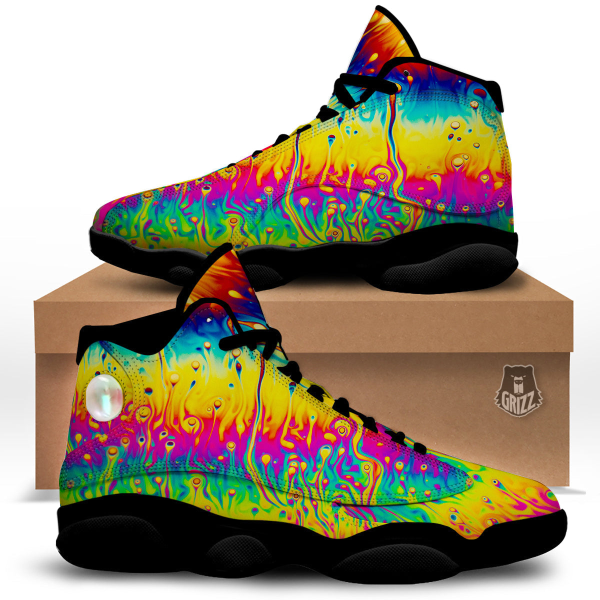 Abstract Psychedelic Rainbow Acid Print Black Basketball Shoes-grizzshop