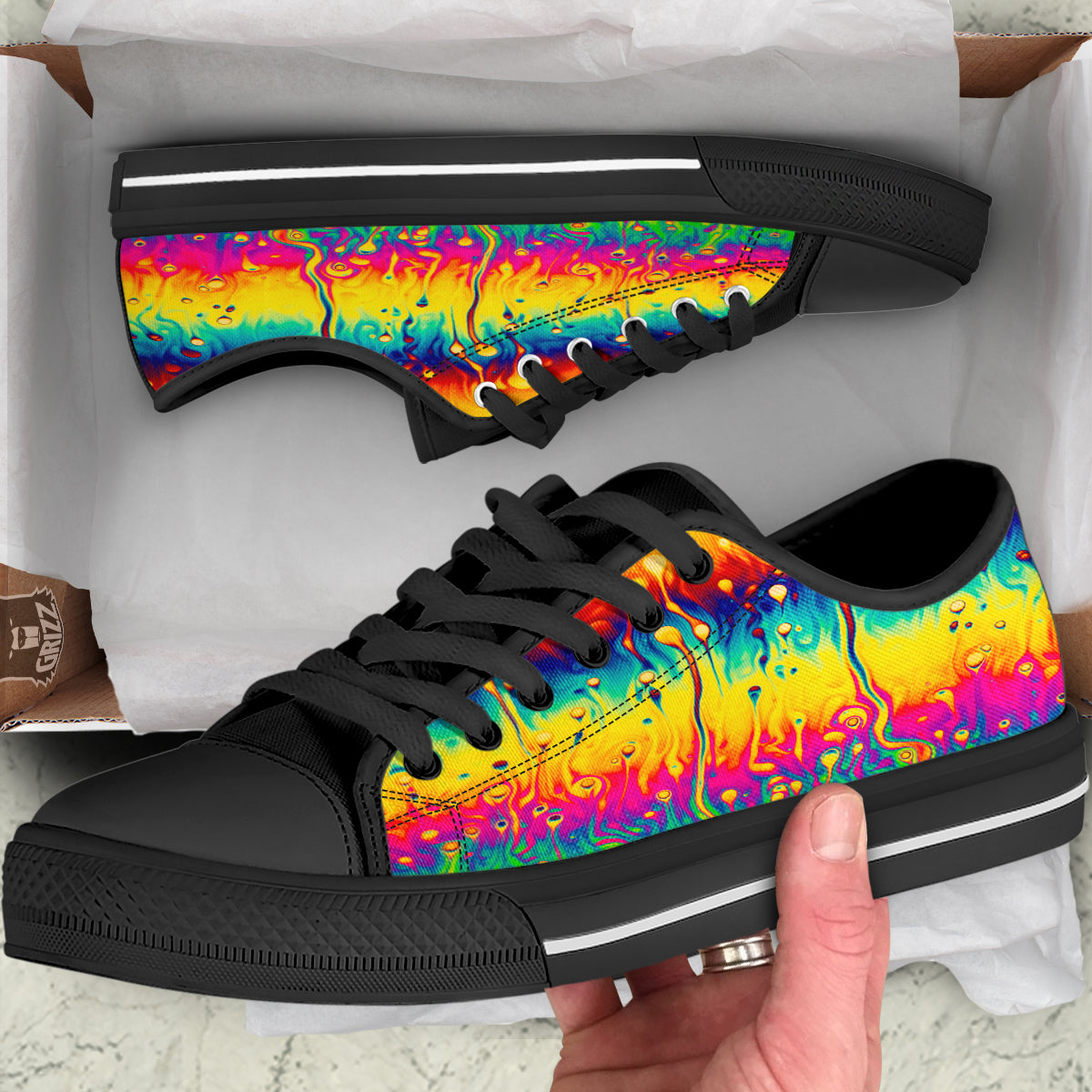 Abstract Psychedelic Rainbow Acid Print Black Low Top Shoes-grizzshop