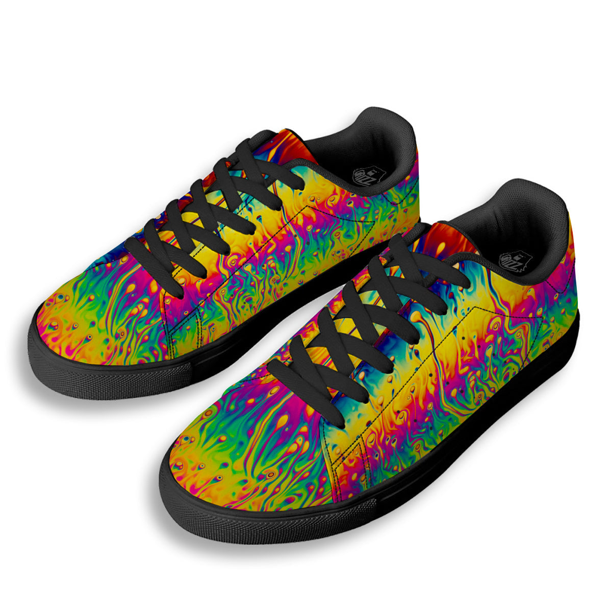 Abstract Psychedelic Rainbow Acid Print Black Low Top Sneakers-grizzshop