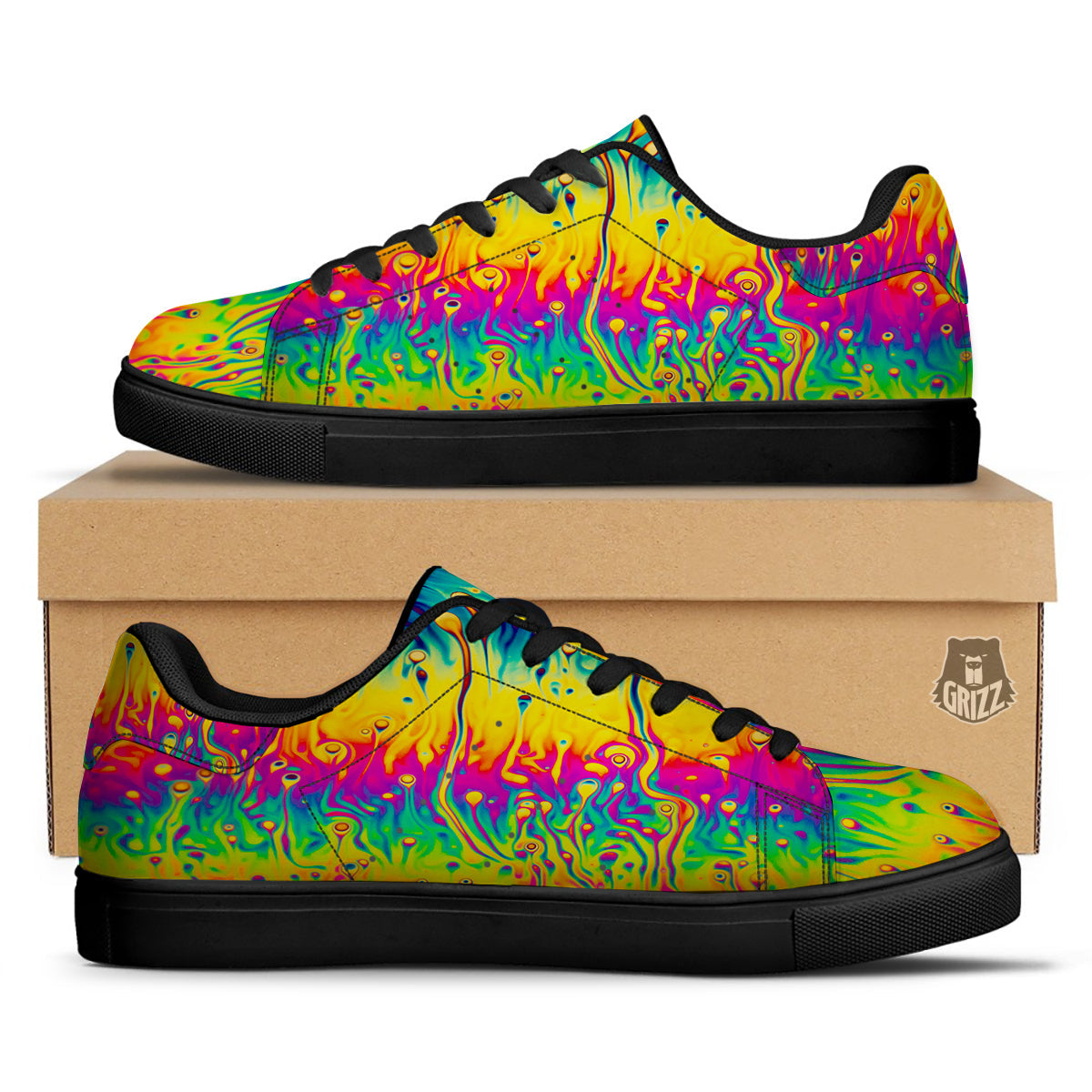 Abstract Psychedelic Rainbow Acid Print Black Low Top Sneakers-grizzshop