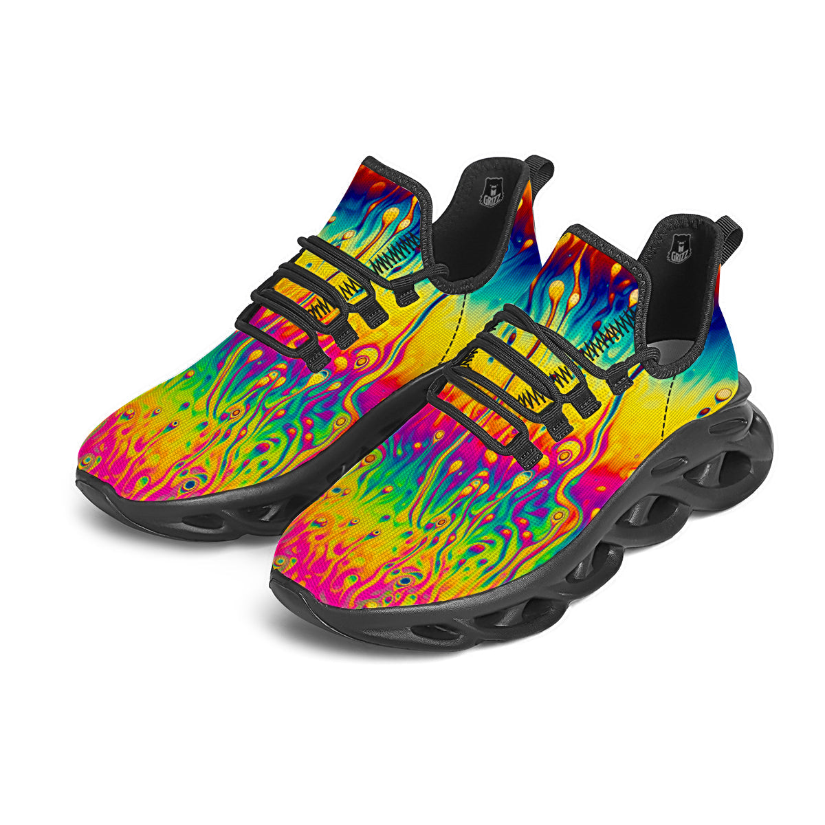 Abstract Psychedelic Rainbow Acid Print Black Running Shoes-grizzshop