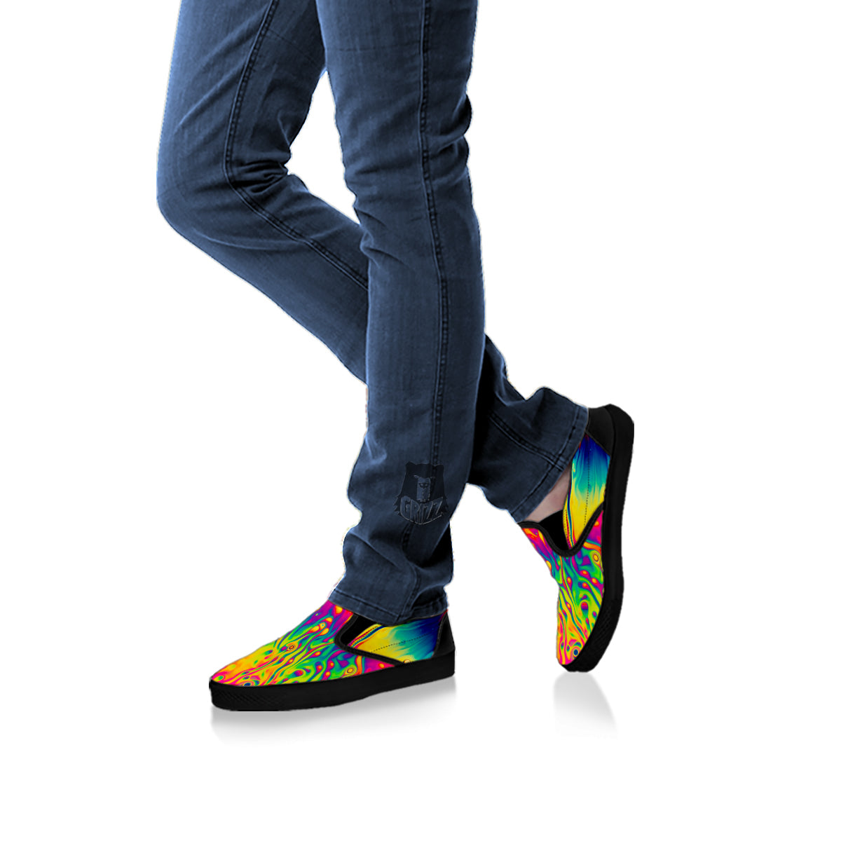 Abstract Psychedelic Rainbow Acid Print Black Slip On Shoes-grizzshop