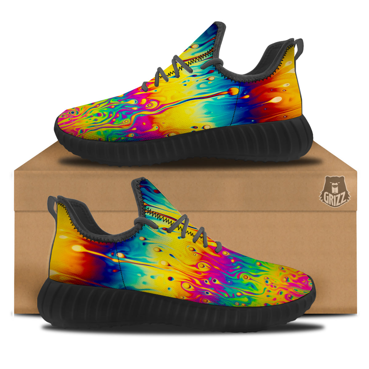 Abstract Psychedelic Rainbow Acid Print Black Walking Shoes-grizzshop