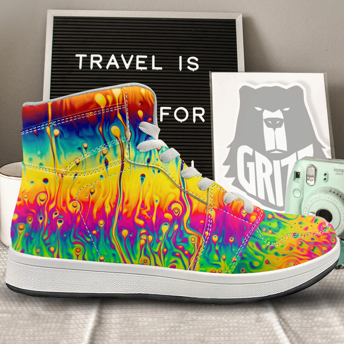 Abstract Psychedelic Rainbow Acid Print High Top Sneakers-grizzshop