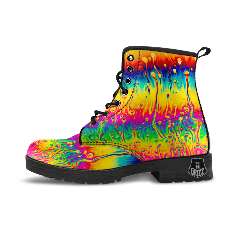 Abstract Psychedelic Rainbow Acid Print Leather Boots-grizzshop