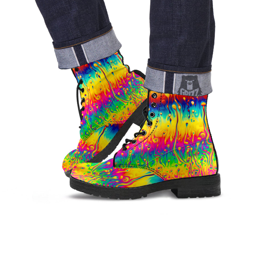 Abstract Psychedelic Rainbow Acid Print Leather Boots-grizzshop