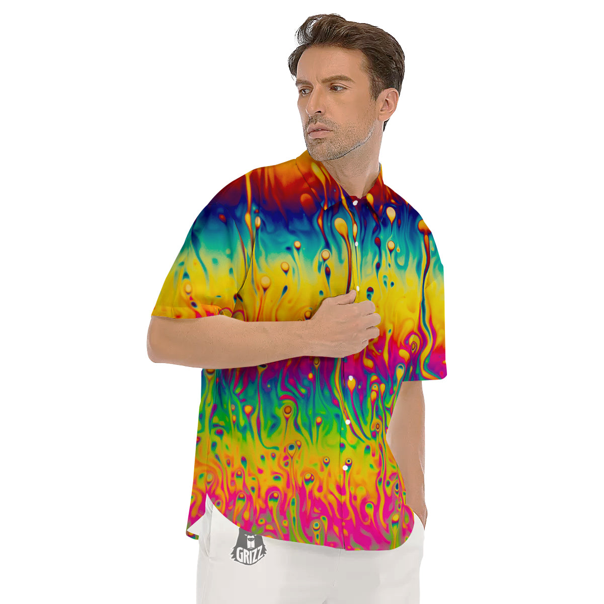 Abstract Psychedelic Rainbow Acid Print Men's Short Sleeve Shirts-grizzshop