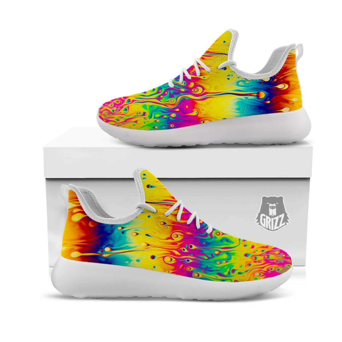 Abstract Psychedelic Rainbow Acid Print White Athletic Shoes-grizzshop