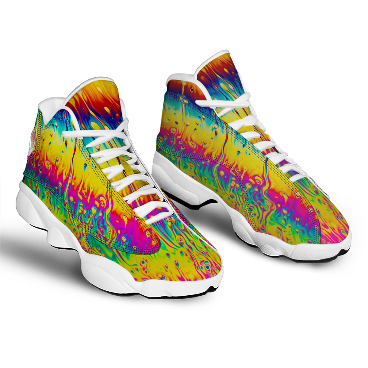 Abstract Psychedelic Rainbow Acid Print White Basketball Shoes-grizzshop